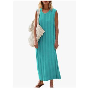 Fisoew Women's Summer Sleeveless Maxi Dress Scoop Neck Ribbed Knit Tank Top Dresses L