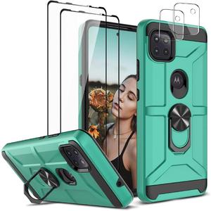 Jeylly Moto G 5G Case with [2 Pack] Glass Screen Protector and [2 Pack] Soft Camera Protector, Hybrid Hard PC Soft TPU Bumper Protective Case with 360 Rotation Kickstand for Moto One 5G Ace, Turquoise