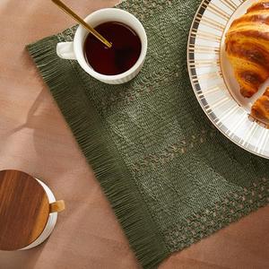 ZeeMart Macrame Style Boho Placemats Set of 4, Olive Decorative Natural Farmhouse Cotton Woven Place Mats Home Decor for Kitchen Dining Table