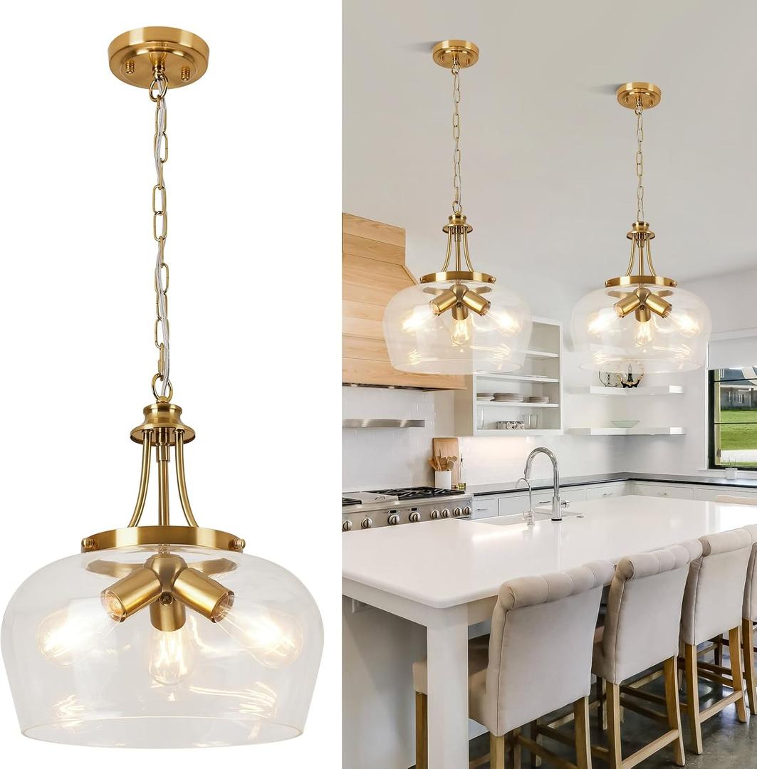 14.2" Modern Pendant Lights Kitchen Island, 3-Light Gold Pendant Light Fixtures with Clear Glass Shade, Industrial Hanging Pendant Lights Fixture for Kitchen Island, Dining Room, Bedroom, Entryway