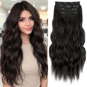 KooKaStyle Clip in Long Wavy Synthetic Hair Extension 20 Inch 4PCS Dark Brown Hairpieces Fiber Thick Double Weft Hair Extension for Women (Rich Dark Brown Silky Shine)