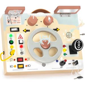 Joyreal Montessori Toddler Busy Board - Montessori Toys for 1 2 3 Years Old, Wooden Sensory Board with LED Lights, Steering Wheel, Music Player, Travel Toys for 1+ Year Old Boy & Girl Birthday Gift