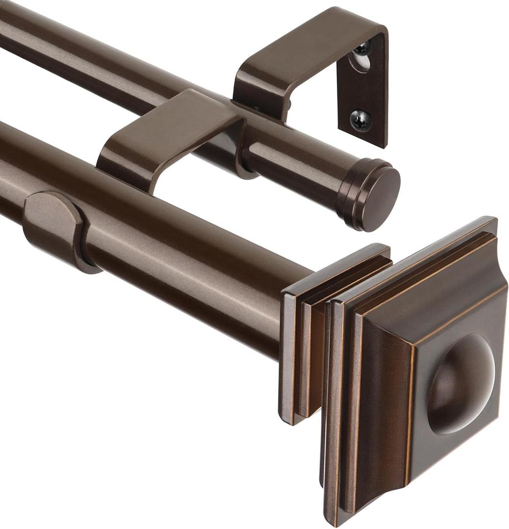 KAMANINA 1 Inch Double Curtain Rods 72 to 144 Inches (6-12 Feet) Telescoping Antique Bronze Curtain Rod for Windows 69 to 140 Inches, Heavy Duty Drapery Rods with Square Finials (72-144")