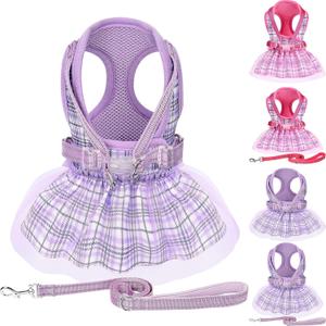 Dog Harness Dress, Plaid Dress with Leash Set, Summer Cute Pet Clothes,Girl Puppy Dresses for Girl Small Dogs, Chihuahua Harness (Purple Harness+Rope, Small)