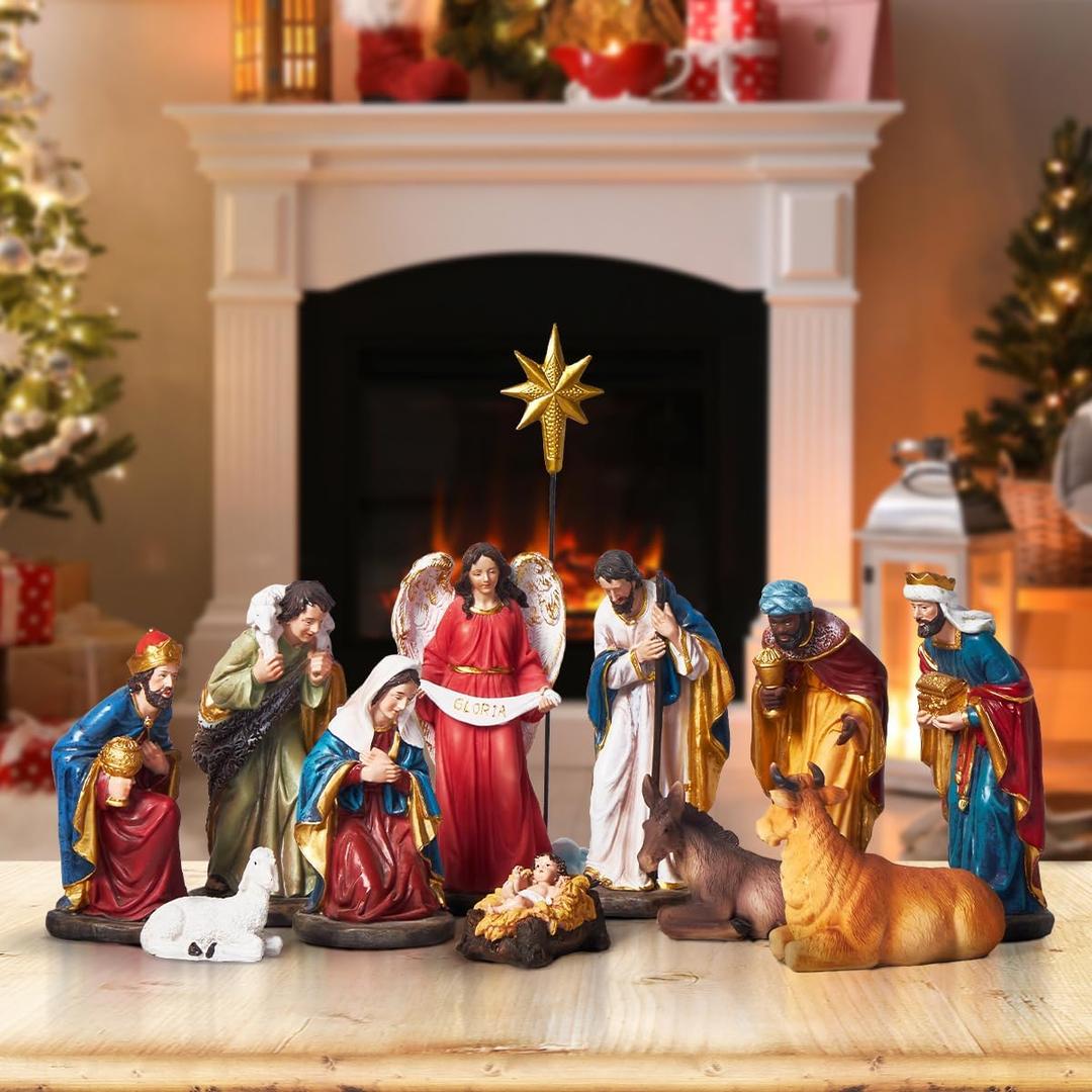 5.9" Nativity Set 12-Piece for Christmas, Hand-Painted Resin Holy Family Figurines with Stable, Mini Tabletop Manger Scene, Religious Home Decor