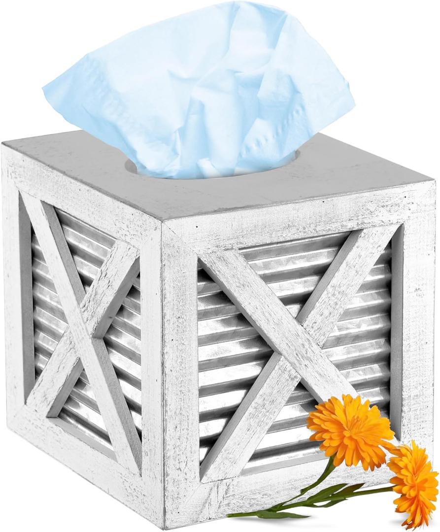 Autumn Alley Barn Door Square Farmhouse Tissue Box Cover in White and Galvanized  Farmhouse Bathroom Accessories  Rustic Bathroom Dcor Tissue Holder | Wood Shabby Chic Tissue Box Cover