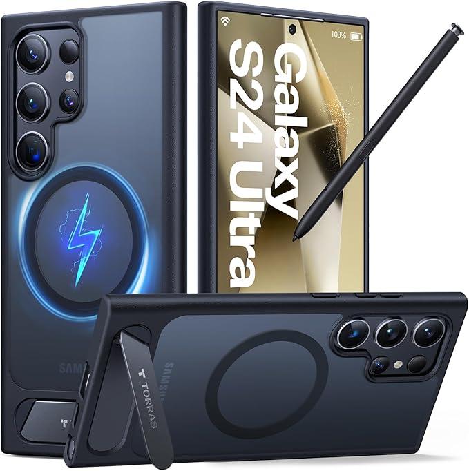 TORRAS Strong Magnetic & Seamless Stand for Samsung Galaxy S24 Ultra Case, Fit for MagSafe, MilGrade Drop Protection, Kickstand for Samsung Galaxy S24 Ultra Case, Translucent Back/Black Edge