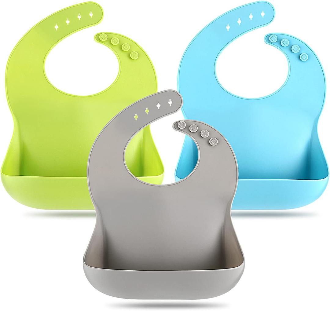 Silicone Bibs for Babies Toddler Set of 3, BPA Free, Soft Adjustable Waterproof Bibs for Feeding Essentials (Grey)
