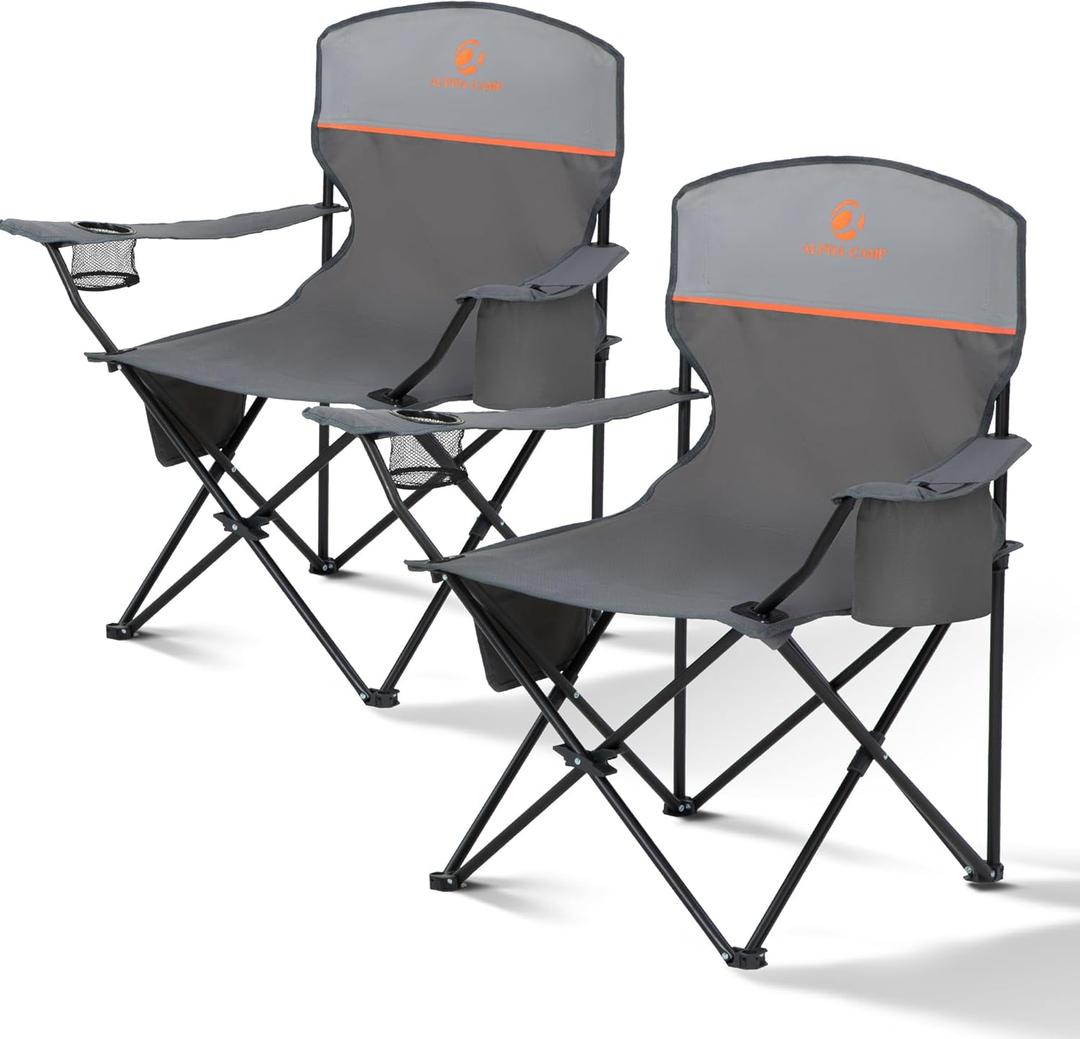 ALPHA CAMP Folding Camping Chairs for Adults Lawn Chairs Outdoor Chairs Support 250 LBS Portable Camp Chairs with Cup Holders Cooler Pouch for Outdoor, 2 Pack (Gray) (Grey)