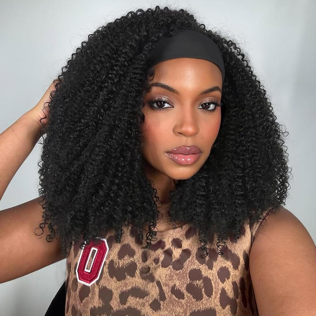 Kinky Curly Headband Wigs for Black Women Short Afro Bomb Curly Wigs Fluffy Black Curly Synthetic Wigs Wear and Go Glueless Headband Wig 150% Density Natural Black 14 Inches