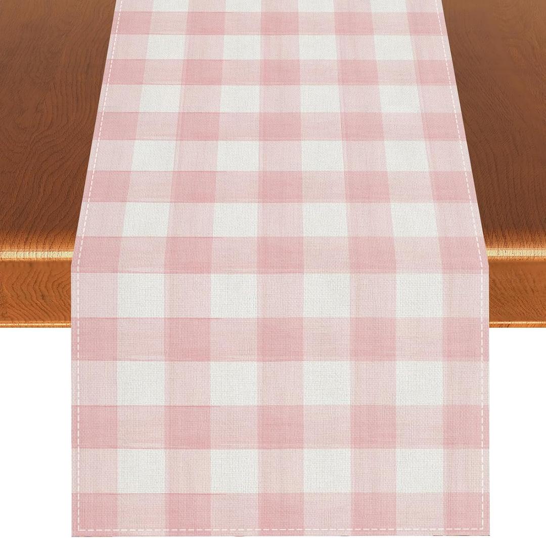 Watercolor Pink White Buffalo Check Plaid Table Runner Gingham Tablecloth Farmhouse Spring Summer Easter Home Kitchen Table Decorations-1372''(Pink and White)