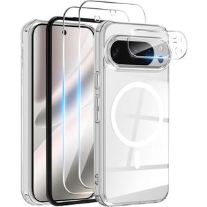 Magnetic for Google Pixel 10 pro Case, with 2X Screen Protector & 1X Camera Lens Protector, [Non-Yellowing] [Shockproof Military] Transparent Back Slim Bumper Cover Phone Case Google Pixel 10 pro (Clear)