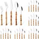 30PCS Silverware Set for 6, Bamboo Handle Flatware Set, Stainless Steel Cutlery Set for Home Restaurant and Party, Bamboo Forks Spoons and Knives Set, Polished Tableware