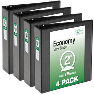 Office Essentials Economy View 3 Ring Binders, 2" Round Rings, 2.8" Spine, 375-Sheet Capacity, Black Binders (4-Pack of 03147)