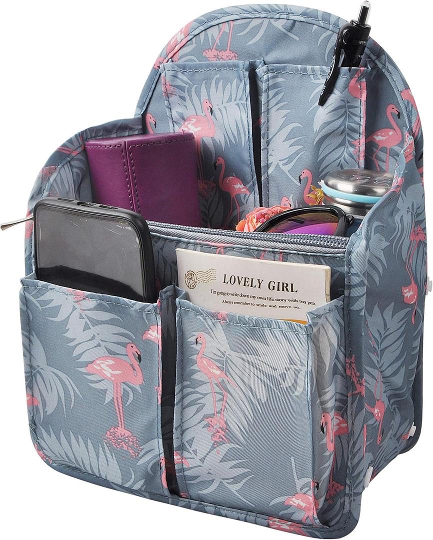 Vercord Backpack Organizer Insert Liner Hanging Travel Bag in Bag with Many Pockets Blue Flamingo, Large