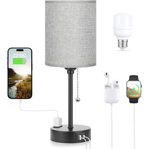 Grey Nightstand Lamps 3 Color Temperatures - 3000K 4000K 5000K Bedside Lamps with USB C and A Ports, Pull Chain Table Lamps with AC Outlet, Small Lamps with Black Metal Base for Sleeping Reading (14.6 in)