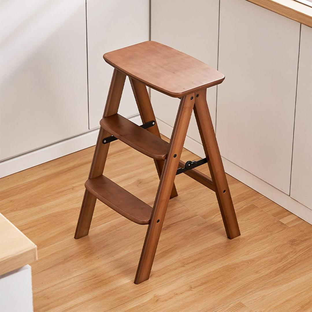 Step Ladder 3 Tier Folding- Anti Slip Step Stool Foldable, Multi 3-in-1 Bamboo Step Ladder Lightweight Portable, Wooden Step Stool Saving Space for Kitchen and Office(Brown, Capacity 250lbs)