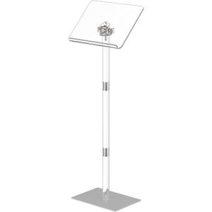 HMYHUM Small Acrylic Podium Stand, Angle Adjustable, 15.7" L x 11.8" W x 42.3" H, Modern Lecterns & Pulpits for Classroom, Concert, Church, Speech, Easy Assembly, Metal Base, Clear