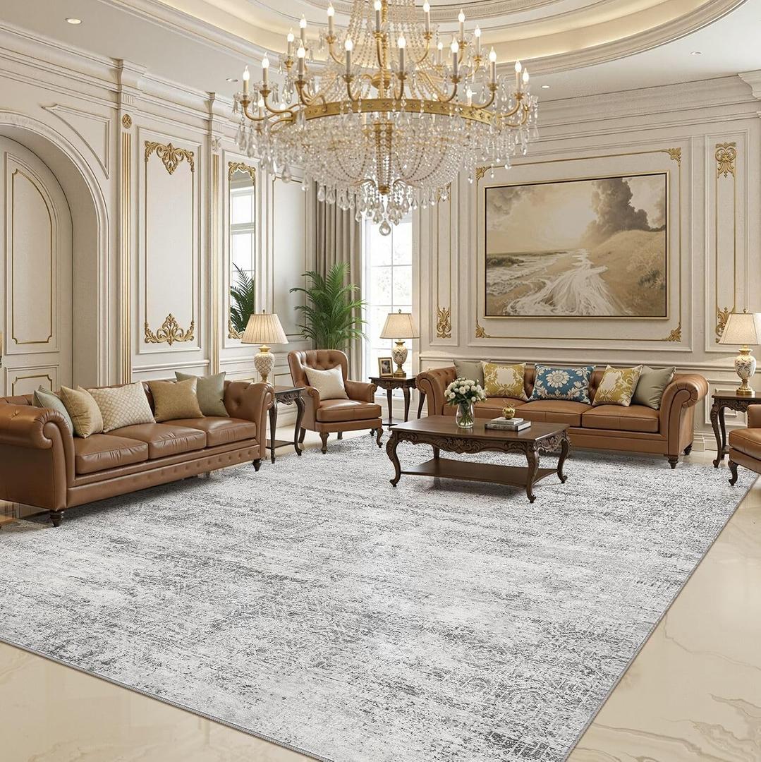 10x14 Area Rugs Living Room: Washable Non Slip Soft Abstract Gray Rugs for Bedroom Dining Decor, Low Pile Stain Resistant Indoor Carpet for Farmhouse Nursery Office Kid & Pet Friendly