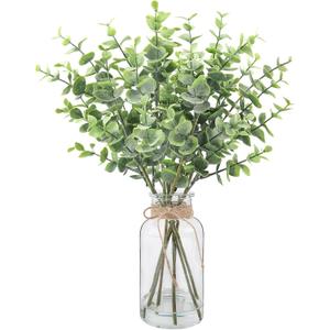 Artificial Eucalyptus Stems in Glass Vase with Faux Water, 14.57" Small Fake Plants Eucalyptus Leaves for Centerpiece Table Bathroom Farmhouse Shelf Kitchen Office Home Faux Greenery Decor