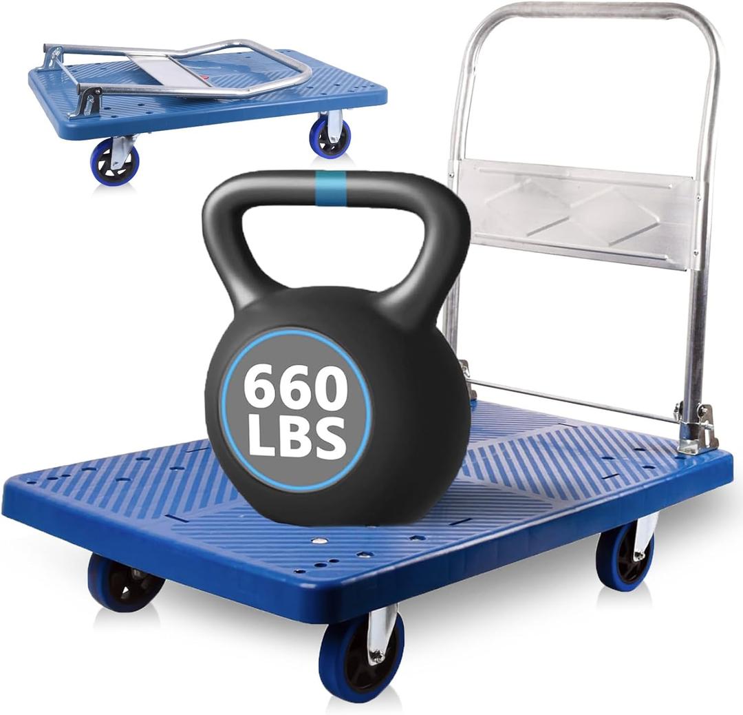 Foldable Push Cart Dolly 660 lbs, Capacity Heavy Duty Moving Platform Trucks Hand Cart with 360 Swivel Wheels for Home Garden Warehouse Garage Workshops (Blue)
