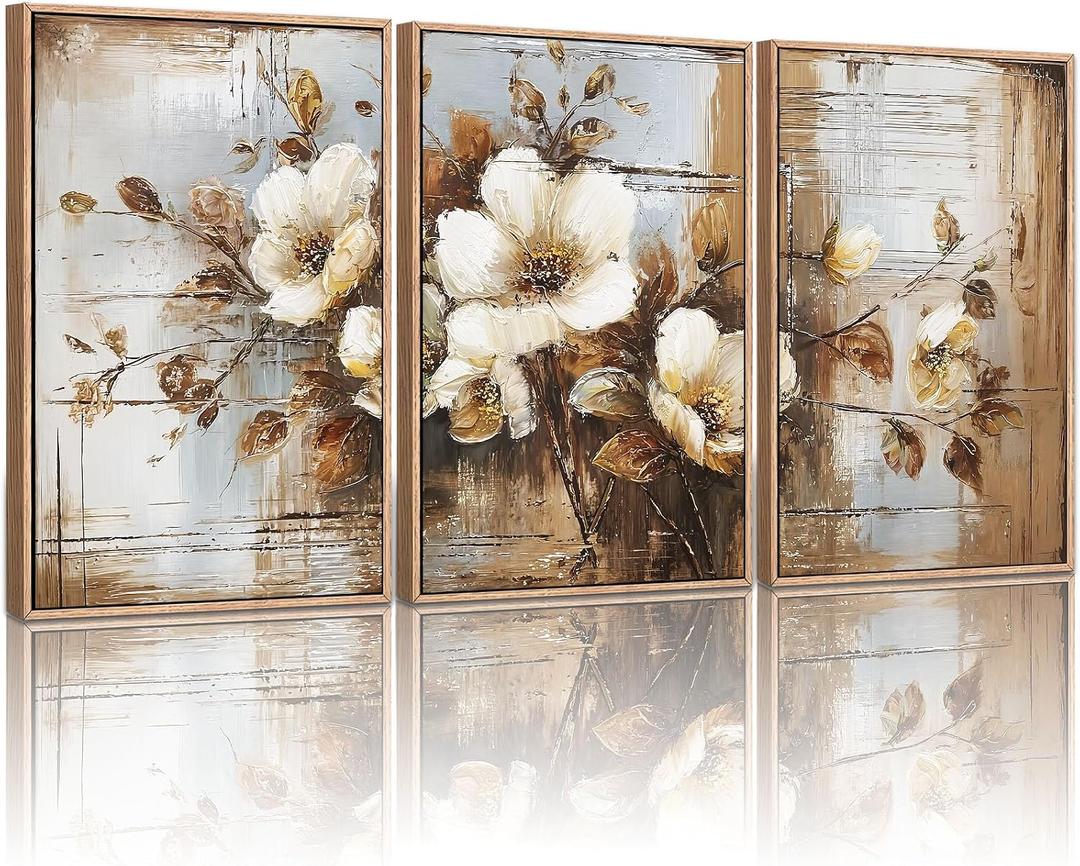 YCJKJDZ Framed Dark Floral Canvas Wall Art Set of 3, Neutral Fall Plant Bohemian Vintage Moody Flower Wall Decor Artwork for Farmhouse Bedroom Living Room Office, 20x30 inches, 20"x30" Framed Nature