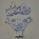 SHENHE Women's 2 Piece Bandeau Bikini Sets Floral Print Scalloped Boho Strapless Swimsuits (Medium, Blue and White)