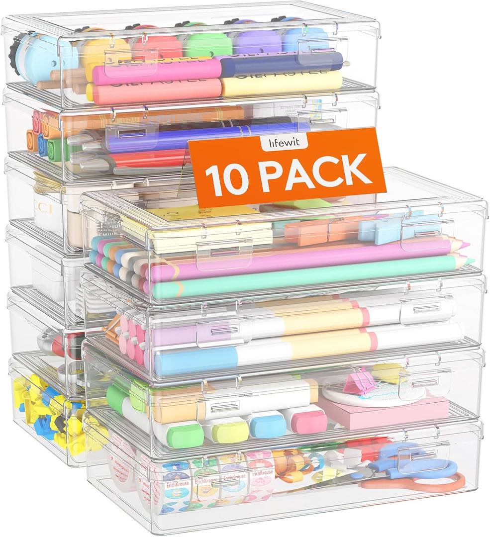 Lifewit Plastic Pencil Box with Snap-tight Lid, Large Capacity Hard Pencil Case, Craft organizer for Art Supply,Office, 10 Pack