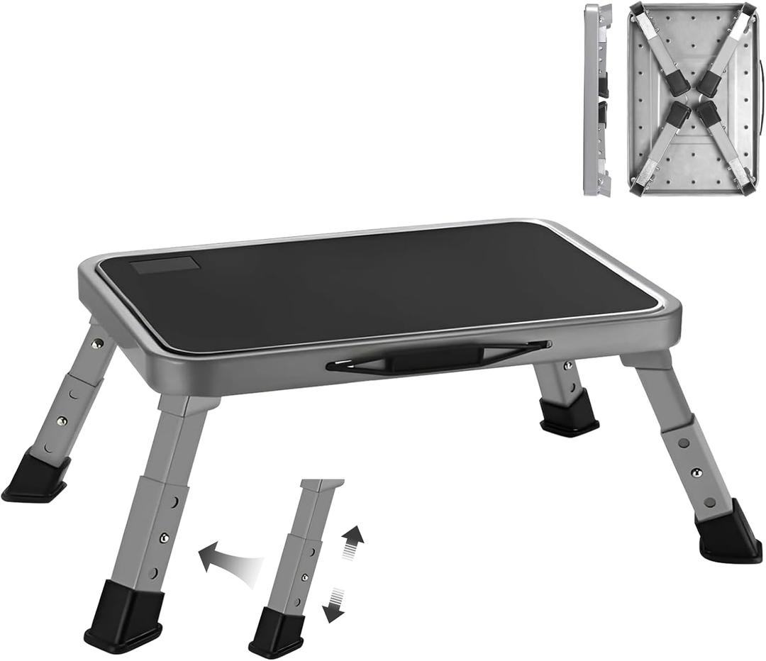 RV Step Stool Foldable Adjustable Height Sturdy Metal Stable Step Ladder with a Non-Slip Platform Camper Step Stool with Non-Slip Rubber Feet, Easy to Carry (Gray) (3-level)