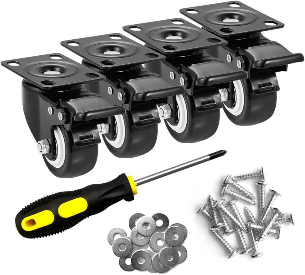 2" Caster Wheels Set of 4, Heavy Duty Casters with Brake, No Noise Locking Polyurethane (PU) Wheels, Swivel Plate Castors Pack 4
