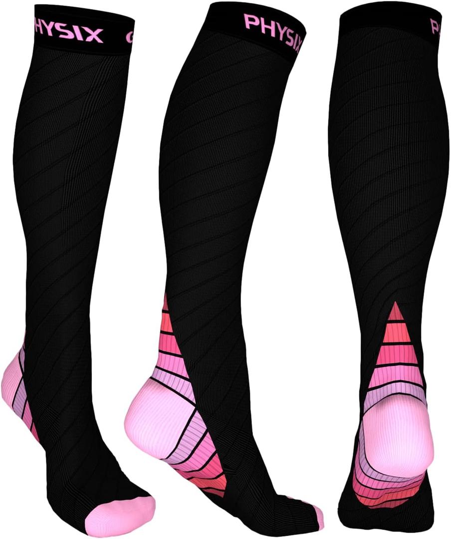 Physix Gear Compression Socks 20-30 mmHg - Men & Women - Running, Nurses, Shin Splints, Flight, Travel (Black/Pink)