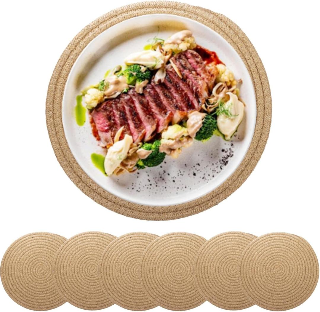 6 Pack Round Woven Placemats, 12 Inch Jute Braided Place Mats, Natural Straw Rattan Placemats, Heat Resistant Non-Slip Mat for Kitchen Dining Table, Hot Dishes Bowls Pans Plates Pots