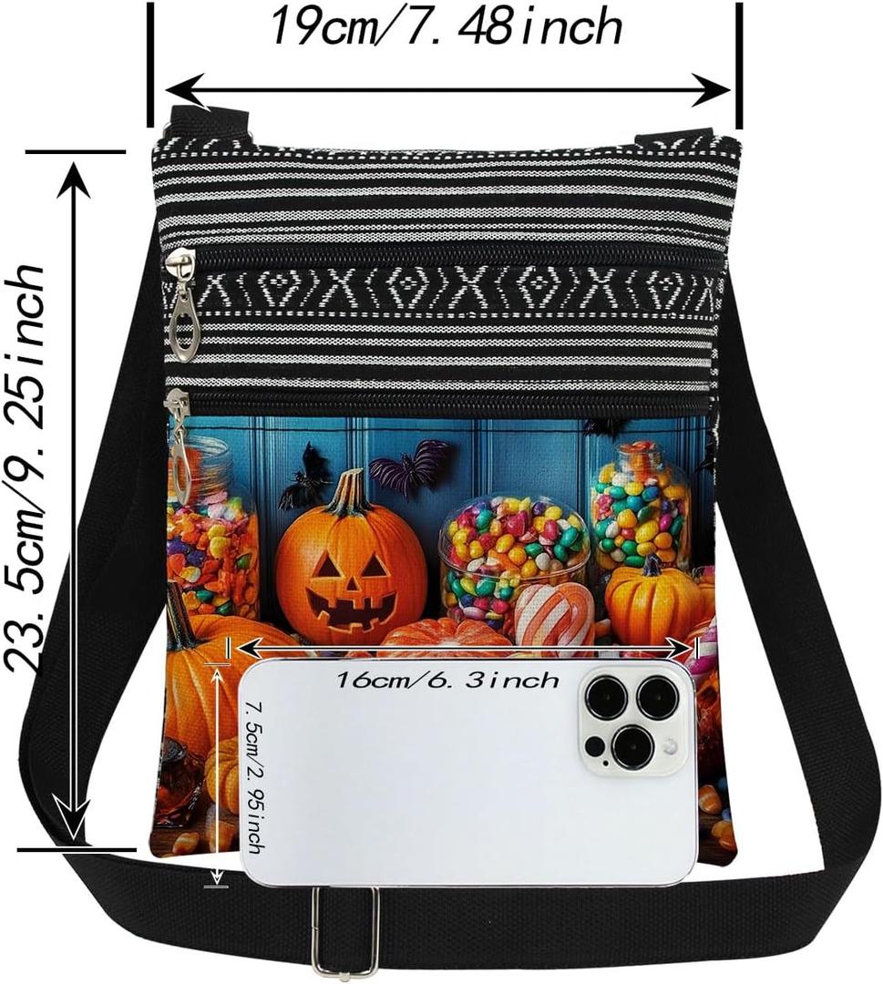 Pumpkin Candy Trick or Treat Adjustable Strap Crossbody Bag Jack-O-Lantern Bat with Assorted Sweets Print Messenger Bag for Candy Lover Halloween Night Birthday Party Gift for Friend