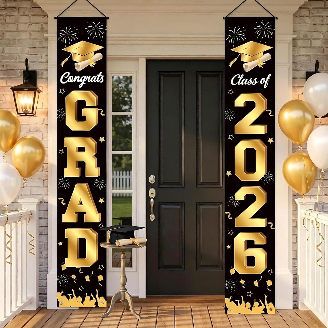 2026 Graduation Decorations Porch Banner Black and Gold, Congrats Grad Class of 2026 Banner for Graduation Party Decorations for Front Door, Porch and Graduation Party Supplies