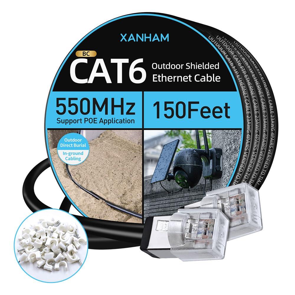 XANHAM Cat6 Shielded Outdoor Ethernet Cable 150 Feet Waterproof and UV Resistant Direct Burial Jacket 23AWG Solid Copper Cat 6 FTP Network Cable, for POE and Internet Cabling Application