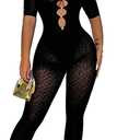 WEICHUJIAN Women Sexy See through Hollow Mesh Leopard Print Rhinestone Club Short Sleeve Bodycon Jumpsuit (Black, XL)