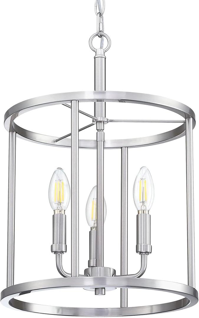 3-Light Hanging Lantern Pendant Light Fixture Brushed Nickel Finish Geometric Chandelier Adjustable Chain Metal Cage Pendant Lighting for Kitchen Island Dining Room Foyer