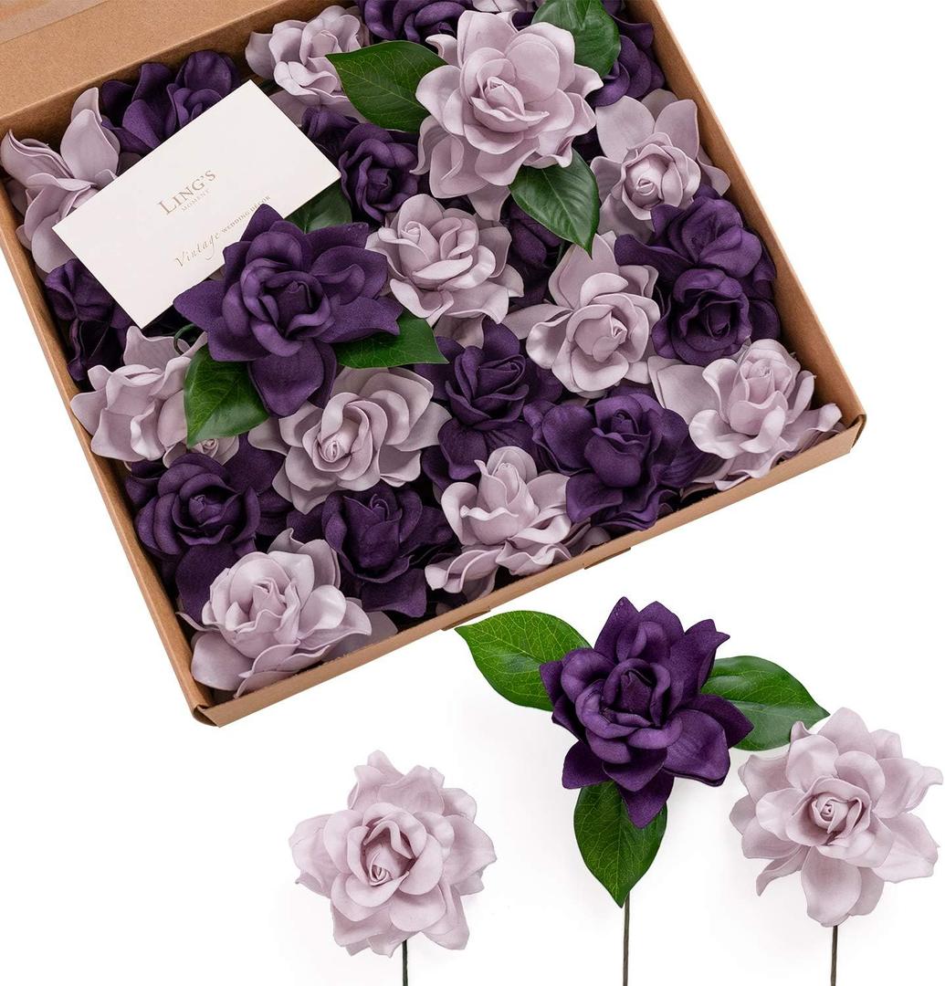 Ling's moment Flowers 25pcs Fake Gardenia Lilac & Purple Flowers Artificial Flowers with Stem, Fake Flower for DIY Wedding Decorations Centerpieces Bouquets Boutonnieres (Pur-violet Nocturne)
