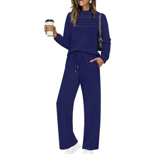 WIHOLL Two Piece Sets for Women Fall Travel Vacation Outfits Long Sleeve Lounge Sets Side Slit Wide Leg Pants 3XL