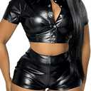Leather Shorts Sets Women 2 Piece Outfits Sexy Faux Pu Short Sleeve Button Crop Top and Shorts Party Club Night (Black, XL)