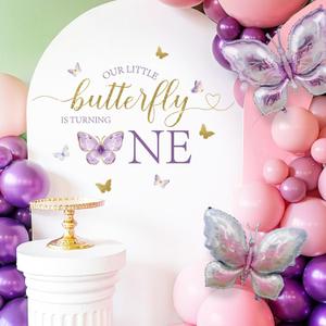 Our Little Butterfly Is Turning One Decal - Our Little Butterfly Is Turning One Sign for Balloons Arch Backdrop, Purple First Birthday Decorations for Girl, 1St Party Supplies for Girl