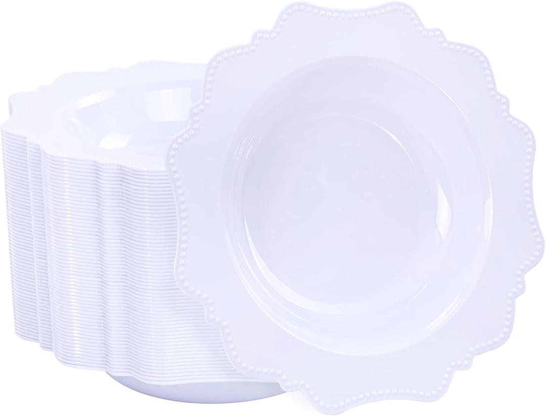 COLOSUS 60 Pack White Plastic Bowls, 12 oz Disposable Soup Bowls, Premium Plastic Dinner Bowls,Heavy-duty Dessert Salad Bowl for Party, Wedding, Dinner, Christmas, Thanksgiving, and Catering