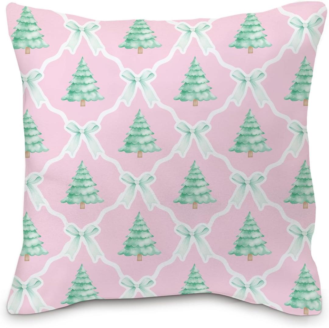 Pink Christmas Tree Pillow Covers - Coquette Bows Cases, Tree Decorations, Room Decor