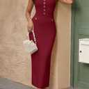 PRETTYGARDEN Women's 2025 Summer Bodycon Maxi Dresses Sleeveless Buttons Knit Spring Elegant Wedding Guest Cocktail Dress (Wine Red,Small)
