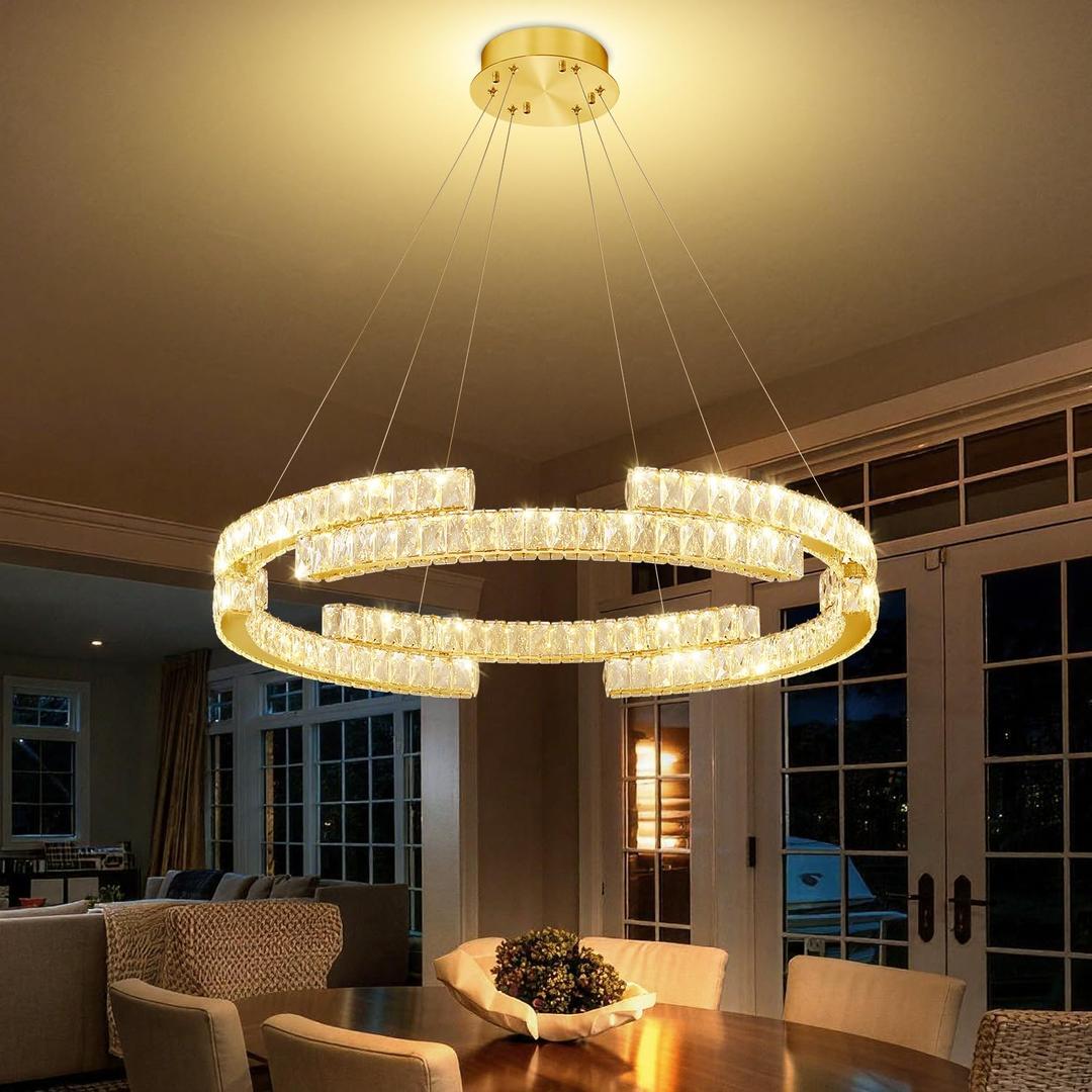 D24'' Modern Gold Crystal Ring Chandeliers for Living Room Dinning Room Crystal Pendant Light Dimmable 3000k-6000k, D47.5"+D40"+D32"+D24"+D16"