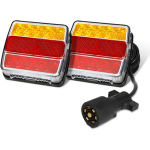 LED Magnetic Trailer Light Kit, 2PCS LED Trailer Light Universal, Direction Indicator Brake License Plate Light, IP68 Waterproof, Adsorbed Magnet, with 24ft Cable 7-pin Plug (Red Amber Lens)