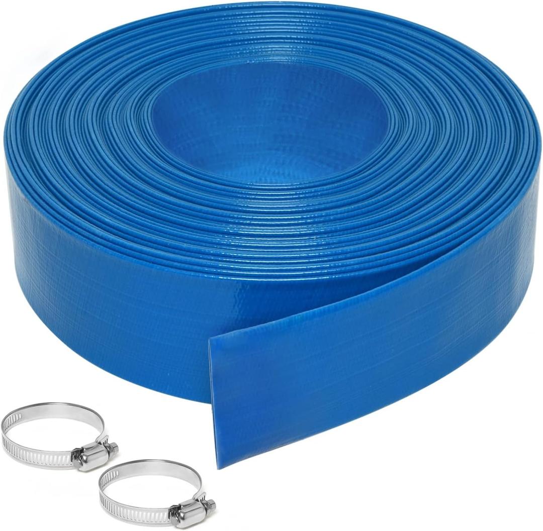 2 inches x 100 FT Heavy-Duty PVC Swimming Pool Backwash Hose, Reinforced Discharge Hose with Clamp for Swimming Pools, Blue