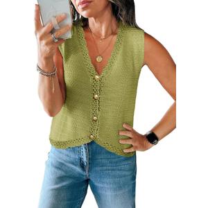 Saodimallsu Womens Sleeveless V Neck Sweater Vest Cropped Button Down Casual Loose Knit Summer Going Out Tops, Large