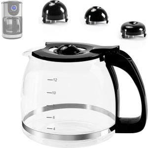 12-Cup Glass Carafe Replacement Pot for Mr Coffee, Black & Decker, Hamilton Beach, KitchenAid, Universal Coffee Maker Carafe Pot 12 Cup- 1.8L Coffee Pot with Handle & 3 Snap-On Caps in Different Sizes