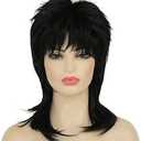 Amnenl Mullet Wig for Women Black Shoulder Length Shaggy Layered Wig Curly 80s Wigs Heat Resistant Cosplay Daily Hair Wigs (Black)